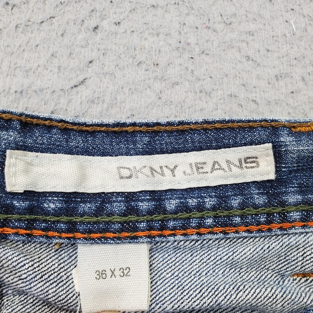 DKNY Straight Jeans Mens 36x32 Blue Denim Stretch Boho Faded‎ Contrast Stitch - Picture 6 of 10